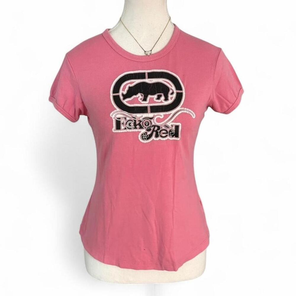 Ecko Vintage Unltd pink baby tee with black and white graphic size small